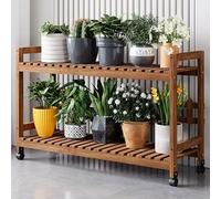 Snaweo Plant Stand, 2 Tier Wooden Plant Shelf, Tiered Flower Stand with Wheel, Easy to Move Flower Pot Organizer Plant Rack, for Window Garden Balcony Living Room(Brown,35.4x13.8/90x35cm)