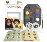 Snazaroo Animal World Face Painting Palette Kit for Kids & Adults, 8 Colours, 13pcs, Stencils, Brush, Sponge, Guide, Water Based, Easily Washable, Non-Toxic, Makeup, Body Painting & Parties