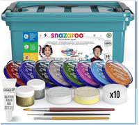 Snazaroo Face Painters Kit for Kids & Adults, 28 Pieces, 10 Colours, Brushes, Glitter Gels, Sponges, Guide, Water Based, Easily Washable, Makeup, Body Painting