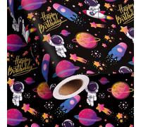 SnazzyWrap Space Birthday Wrapping Paper Mini Roll(Total 28.5 sq.ft) | Astronaut Wrap Paper for Boys Kids Birthday,Happy Birthday Space Theme Gift Wrap,Baby Shower,Holiday Gif,6 sheets,17 x 40 In