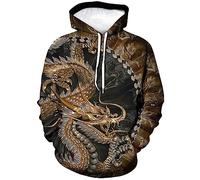 Snbidmk Men's Novelty Dragon Graphic Hoodie Sweatshirt Pullover with Pocket, Gold, Large