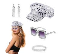 SNBUHA 4 Pcs 70s Abba Accessories, Disco Accessories With Sequin Glitter Hat, Sunglasses, Argent Earrings And Silver White Diamond Bracelet, Disco Hat Set For Women'S Theme Party, Dance & Birthday