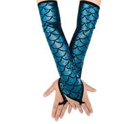 SNBUHA Fish Scale Gloves, Shiny Mermaid Arm Sleeves, Fingerless Fish Scale Costume Gloves for Women Girls Ladies Halloween Stage Shows Carnival Masquerade Cosplay, Light Blue