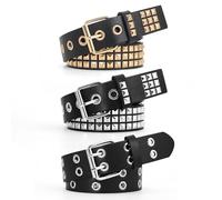 SNCEAW 3 Pcs Studded Belt Y2K Metal Goth Punk Rock Rivet Belt with Bright Pyramid Studded for Women Men, Silver+gold+double Holes, Fit Pant 27-32 inch