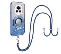 SNCLET Bling Bling Crossbody Cover for Honor Magic6 Corner Fall Prevention Case Lanyard Neck Strap with Glitter Stickers Creative Folding Bracket Rubber Soft TPU Clear Cover for Honor Magic6,Blue