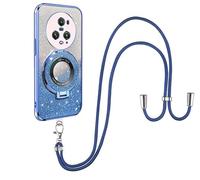 SNCLET Bling Crossbody Cover for Honor Magic5 Pro Corner Fall Prevention Case Lanyard Neck Strap with Glitter Stickers Creative Folding Bracket Rubber Soft TPU Clear Cover for Honor Magic5 Pro,Blue