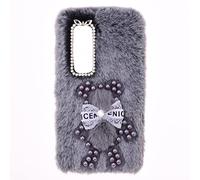 SNCLET Fluffy Fur Plush Case for vivo Y31 Case Girly Bear Faux Fur Case Shockproof Back Bumper Silicon Soft Fluffy Furry Chic Bling Diamond Bowknot Case for vivo Y31,vivo Y51a,vivo Y53s 4G,Grey Bear