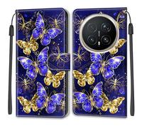 SNCLET Wallet Cover for Honor Magic8 Pro Case Girls Anti-Scratch Shockproof Cover Butterfly Pattern Slim PU Leather with Card Holder Magnetic Stand Case for Honor Magic8 Pro,Golden-Blue Wings