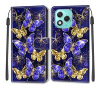 SNCLET Wallet Cover for Honor X70i Case Girls Anti-Scratch Shockproof Cover Butterfly Pattern Slim PU Leather with Card Holder Magnetic Stand Case for Honor X70i,Golden-Blue Wings