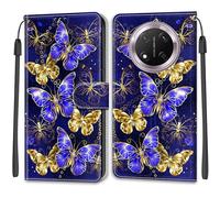SNCLET Wallet Cover for Honor X9c Case Girls Anti-Scratch Shockproof Cover Butterfly Pattern Slim PU Leather with Card Holder Magnetic Stand Case for Honor X9c,Golden-Blue Wings