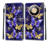 SNCLET Wallet Cover for Honor X9d Case Girls Anti-Scratch Shockproof Cover Butterfly Pattern Slim PU Leather with Card Holder Magnetic Stand Case for Honor X9d,Golden-Blue Wings