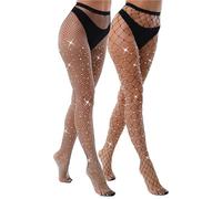 SNDE 2 Pieces Sparkly Fishnet Tights Womens With Rhinestone，Shiny Diamante Tights For Parties, Proms, Role Play, Festival Diamond