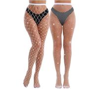 SNDE 2 Pieces Sparkly Fishnet Tights Womens With Rhinestone,Shiny Diamante Tights For Parties, Proms, Role Play, Festival Diamond (UK, Alpha, One Size, Regular, Regular, 1, White)