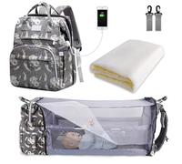 SNDMOR Baby Changing Bag Backpack, Nappy Changing Bags Large Capacity, Portable Travel Diaper Bag with Foldable Cot Bed, Baby Bed Backpack (Grey Feather)