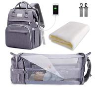 SNDMOR Baby Changing Bag Backpack, Nappy Changing Bags Large Capacity, Portable Travel Diaper Bag with Foldable Cot Bed, Baby Bed Backpack (Grey)