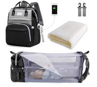 SNDMOR Baby Changing Bag Backpack, Nappy Changing Bags Large Capacity, Portable Travel Diaper Bag with Foldable Cot Bed, Baby Bed Backpack (Black Gray)