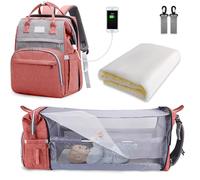 SNDMOR Baby Changing Bag Backpack, Nappy Changing Bags Large Capacity, Portable Travel Diaper Bag with Foldable Cot Bed, Baby Bed Backpack (Pink&Grey)