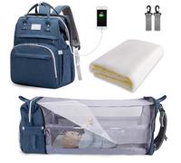 SNDMOR Baby Changing Bag Backpack, Nappy Changing Bags Large Capacity, Portable Travel Diaper Bag with Foldable Cot Bed, Baby Bed Backpack (Dark Blue)