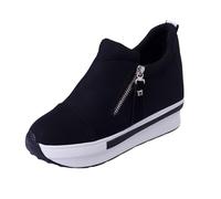 Sneaker Women's Hidden Wedge Heel Elevator Shoes Suede Walking Shoes with Side Zip Lightweight Trainers Chunky Elevate Shoes Non-Slip Soft Sole Casual Shoes, Black (black 1), 7 UK
