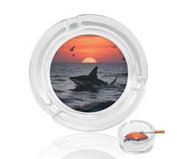 Sneaking Shark Ashtray Portable 3.3in, Round Crystal Glass Ashtray with 3 Cigarette Holders & Anti-Slip Base, Decorative Ash Trays for Desk, Car, Office, Home