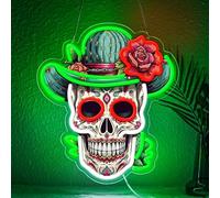 Sneignon Day of the Dead Neon Sign - Mexican Sugar Skull LED Neon Light for Home & Bar Decor,UV Printed Art with Flexible LED Strip,Halloween & Día de Muertos Party Decoration（green)