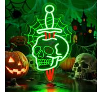 Sneignon Halloween Skull Neon Sign with Dagger & Web Design,Skull Neon Sign For Halloween,Spooky LED Wall Light for Halloween Party Decor,Gothic Horror Neon Skull Light for Bar,Bedroom,Man Cave