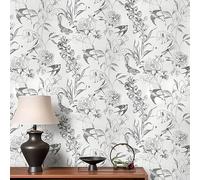 Snewvie Black and White Wallpaper,950 x 53cm Flowers and Birds Wallpaper Non-Woven Woodland Wall Paper Vintage Black Floral Leaf Plants Wall Paper for Bedroom Living Room Restaurant Cafe