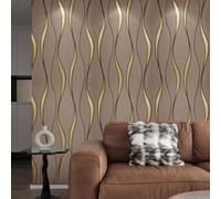 Snewvie Brown Wallpaper Wave Stripes Glitter Wallpaper 3D Effect Textured Wall Paper Flocking Embossed Roll Wallpapers for Living Room Adults Bedroom Hallway Kitchen
