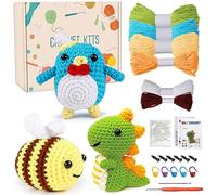 Snewvie Crochet Kits Beginners Adults, 3Pcs Beginners Crochet Kit - Bee/Dinosaurs/Penguins, Crochet Kits Beginners w/ Instructions & Video Tutorials, Crochet Kit Craft Art Gift Starters