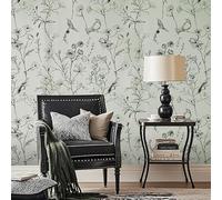 Snewvie Light Green Wallpaper,Flowers and Birds Wallpaper Non-Woven Woodland Wall Paper Vintage Green Floral Leaf Plants Wall Paper for Bedroom Living Room Restaurant Cafe,950 x 53cm