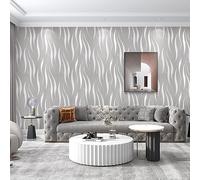 Snewvie Light Grey Wallpaper Modern Minimalist White Curves Non-Woven 3D Abstract Wallpaper Mural Flocking Geometric Striped Wallcoverings for Bedroom Living Room TV Backdrop