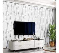 Snewvie White Wallpaper Wave Stripes Glitter Wallpaper 3D Effect Textured Wall Paper Flocking Embossed Roll Wallpapers for Living Room Adults Bedroom Hallway Kitchen