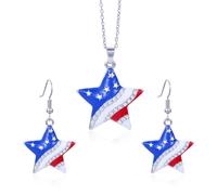 SNHHNSW American Independence Day Necklace Alloy Rhinestone Flag Color Heart Star Hat Map USA Shape Pendant Earrings Necklace Set Jewelry