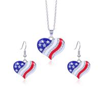 SNHHNSW American Independence Day Necklace Alloy Rhinestone Flag Color Heart Star Hat Map USA Shape Pendant Earrings Necklace Set Jewelry