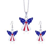 SNHHNSW American Independence Day Necklace Alloy Rhinestone Flag Color Heart Star Hat Map USA Shape Pendant Earrings Necklace Set Jewelry