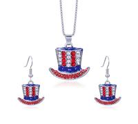 SNHHNSW American Independence Day Necklace Alloy Rhinestone Flag Color Heart Star Hat Map USA Shape Pendant Earrings Necklace Set Jewelry