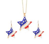 SNHHNSW American Independence Day Necklace Alloy Rhinestone Flag Color Heart Star Hat Map USA Shape Pendant Earrings Necklace Set Jewelry