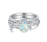 SNHHNSW Genuine Opal Engagement Ring for Women,1ct Leaf Oval Opal Ring Set in with Cubic Zirconia Wedding Valentine's Day Dainty Promise Ring For Her