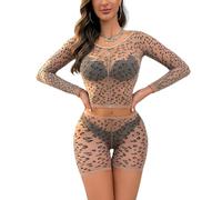 Sniff Rose Women Mesh Sleepwear Leopard Print Lingerie Set Tank + Cami Shorts Nightwear Bodysuit (Apricot)