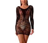 Sniff Rose Women's Lace Mesh Bodycon Dress Women's Fishnet Lingerie Floral Print Nightdress Bodysuit Slips (Black)