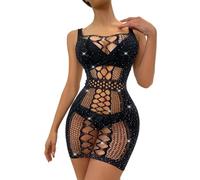 Sniff Rose Women's Rhinestone Studded Fishnet Lingerie Lace Mini Dress Cut Out Bodysuit Straps Sheer Negligee (Black)