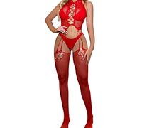 Sniff Rose Women's Rhinestone-Studded Mesh Bodystocking Halter Neck Fishnet Lingerie Backless Bodysuit Sparkly Body Stocking Outfit for Nightwear (Red)
