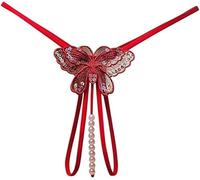 Sniff Rose Women's Sexy Underwear Cut Out Pendant Pearl Beads Embellished Lace Butterfly G-Sting Thong Underpants Knickers Tangas Briefs (UK, Alpha, One Size, Regular, Regular, Red)