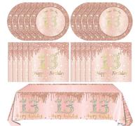 SNIMICS 41PCS Rose Gold 13th Birthday Decorations: Plates, Napkins, Tablecloth for Girl's 13th Birthday Party