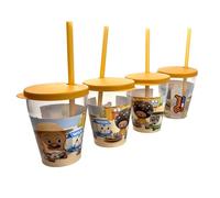 Snips, Set of 4 Glasses 0.385 ml Bread Barbershop Decoration, Set of 4 Plastic Glasses, with Washable and re-usable lid and Straw, Made in Italy