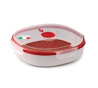 Snips Microwave Steamer - 2 LT - Meat, Fish & Vegetable Steamer, 24.5 x 24.5 x 7 cm - White & Red - 100% Made in Italy - 0% BPA