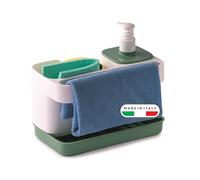 Snips Riordinello - Dish Hand Soap Dispenser & Sponge Holder, Sink Caddy Kitchen Organizer with Liquid Soap Container 400ml, Kitchen Storage Organisation Accessories 21x12x18 Made in Italy White Green