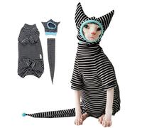 SNIXFEVER Sphynx Cat Clothes Black Stripe Breathable Shirts Suit, Pet Hat and Shirt Set (Small)