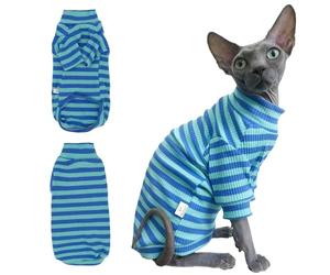 Snixfever Striped Waffle Knit Shirt for Sphynx Cat, 2-Leg Long Sleeve Lightweight Outfit for Hairless Cats, Soft All-Season Pet Clothes (Blue, Medium (3.5-5lbs))