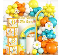 SNLN 126Pcs Here Comes the Son Baby Shower Decorations Boy, Baby Boxes with Letters, Daisy Sun Balloon Arch with Banner, Birthday Supplies Retro Sun Theme Baby Boy Shower Decorations